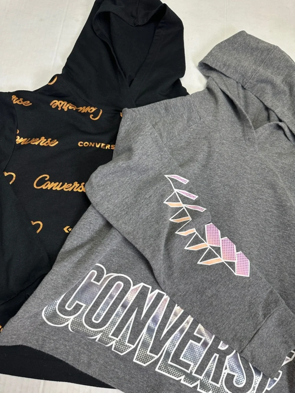 Lot of 2 Converse Youth Girls XL Pullover Hooded Cropped Sweatshirts Bundle